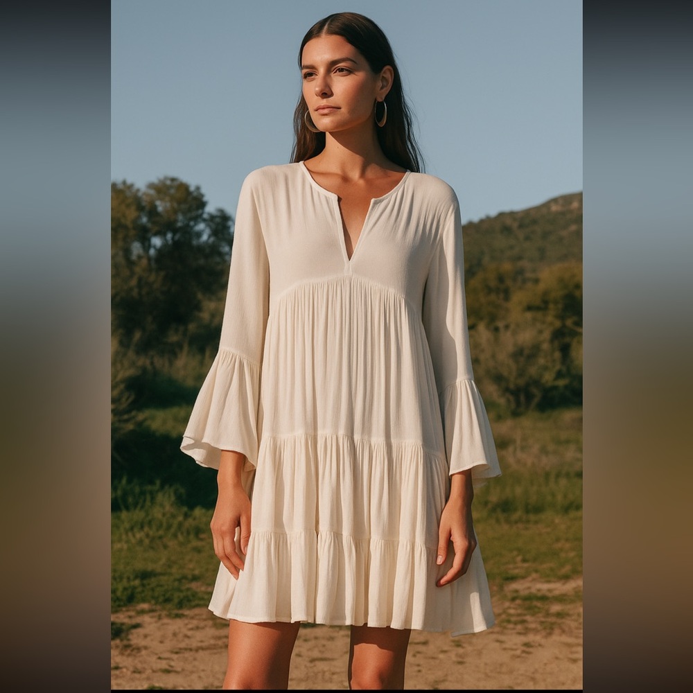 H&M Cream Tiered V-Neck Swing Dress